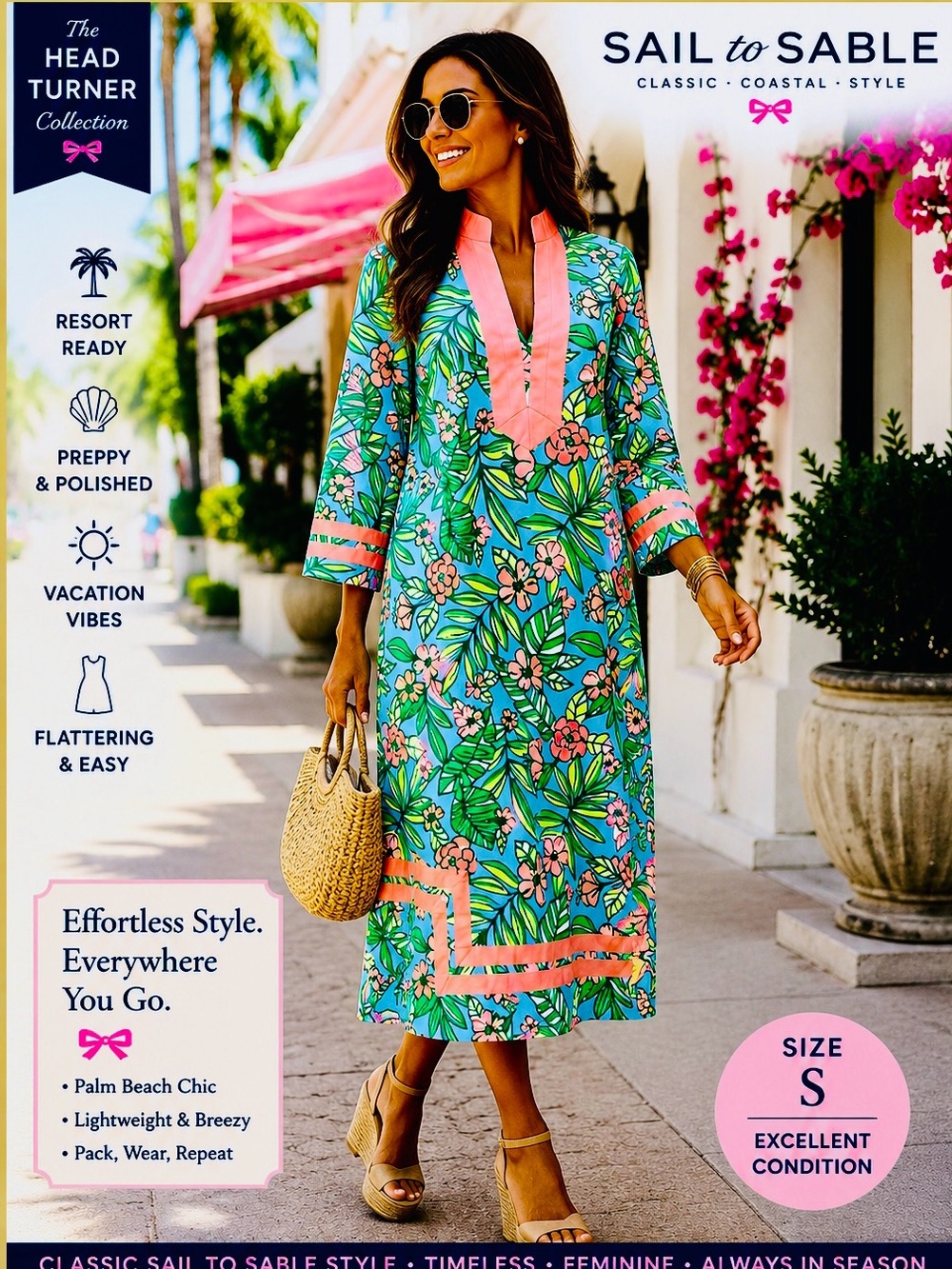 Sail to Sable,Tropical Floral Tunic Midi Dress Pink Trim Resort Preppy,Size S - Picture 3 of 5